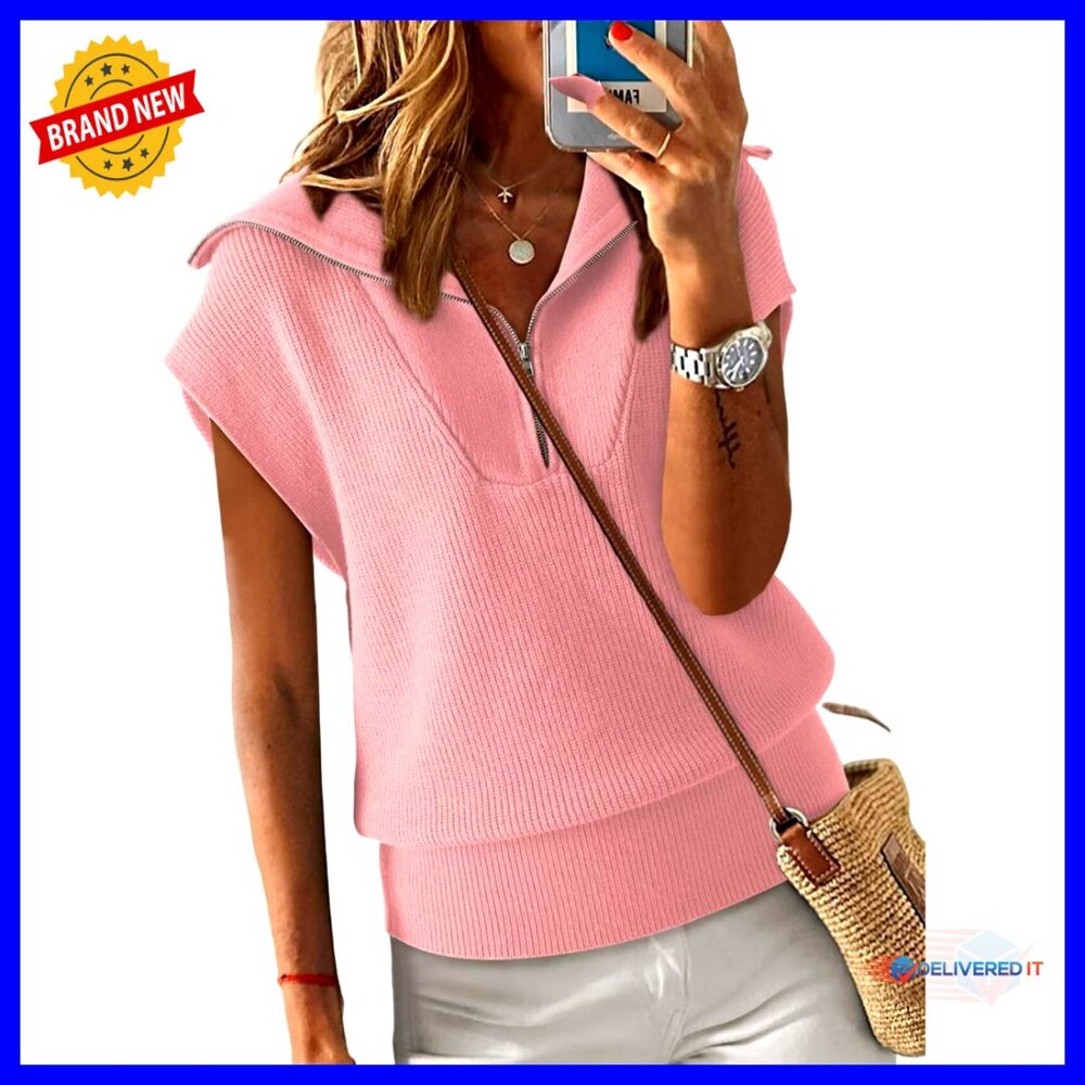 Sleeveless Quarter Zip Pullover Knit Top Loose Fit Chic Casual Minimal